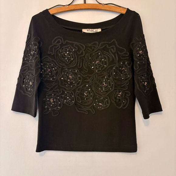 Vintage Joseph Ribkoff Black Floral Appliqué Sequin Top XS/S - Picture 1 of 5